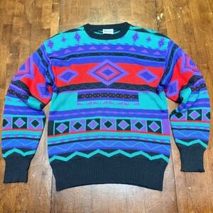Meister Knit Sweater Mens Medium Aztec Southwestern Geometric Vintage Wool Blend